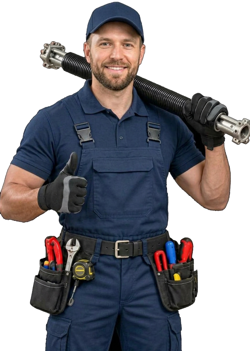 Technician inspecting a garage door system