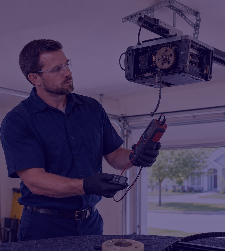 Technician inspecting a garage door opener