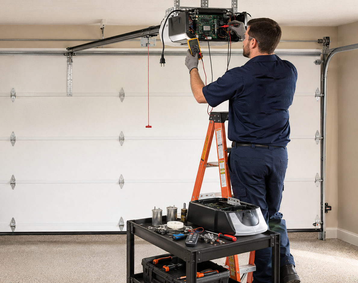 Technician measuring a garage door during service